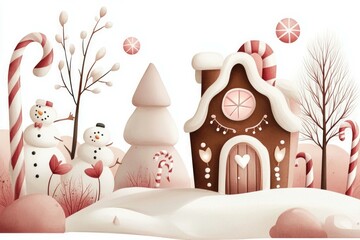 Naklejka premium Candy cane gingerbread house with snowman-shaped windows and lights