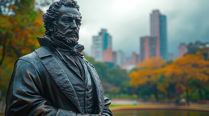 Fototapeta premium A bronze statue of a man with a beard and mustache, wearing a coat and tie, stands in a park. The statue is in the foreground, while a city skyline is visible in the background. 
