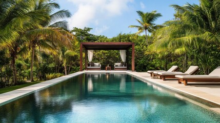 Serene Poolside Pavilion: A contemporary villa with a pavilion design focused on relaxation, featuring a large infinity pool, comfortable lounge chairs