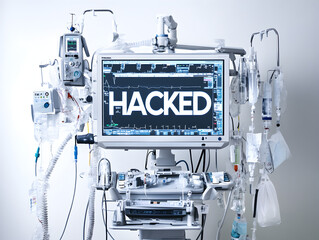 A medical monitor with the word 'HACKED' displayed on the screen, highlighting the vulnerability of medical equipment to cyberattacks.