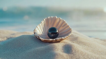 Single black pearl in a seashell, isolated on a pale blue background, with sand and soft ocean mist