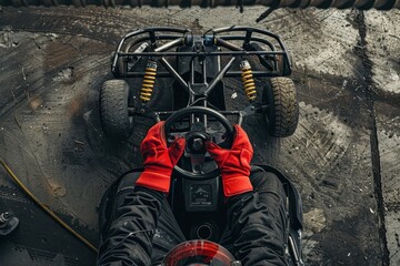 Above view of go kart driver in red gloves getting ready for race concept