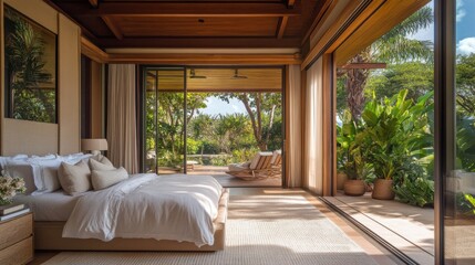 Tropical Bedroom Retreat: A luxurious bedroom featuring large glass doors that open to a private terrace, with natural wood accents, soft textiles, and a serene color palette inspired by nature