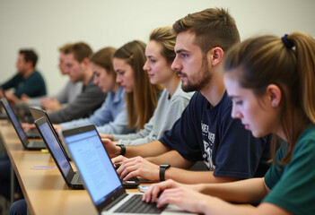 university students study laptops together classroom setting