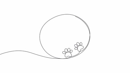 Video. Black circle with dog or cat paw print design drawn with a continuous line. Animation on white background. 4K.