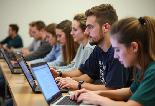 university students study laptops together classroom setting