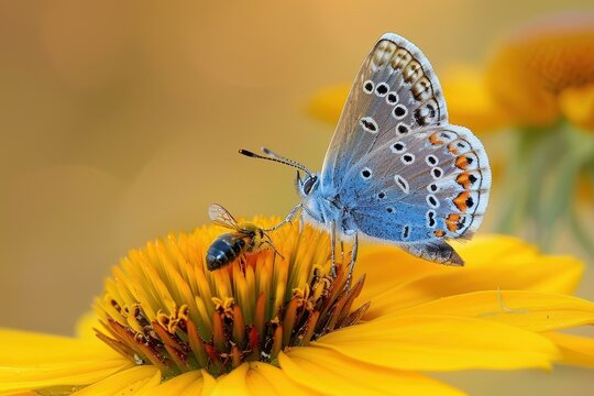 Butterfly and bee on flower with shield bug