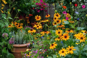 Fototapeta premium Colorful suburban garden in Pinner London with wildlife friendly flora