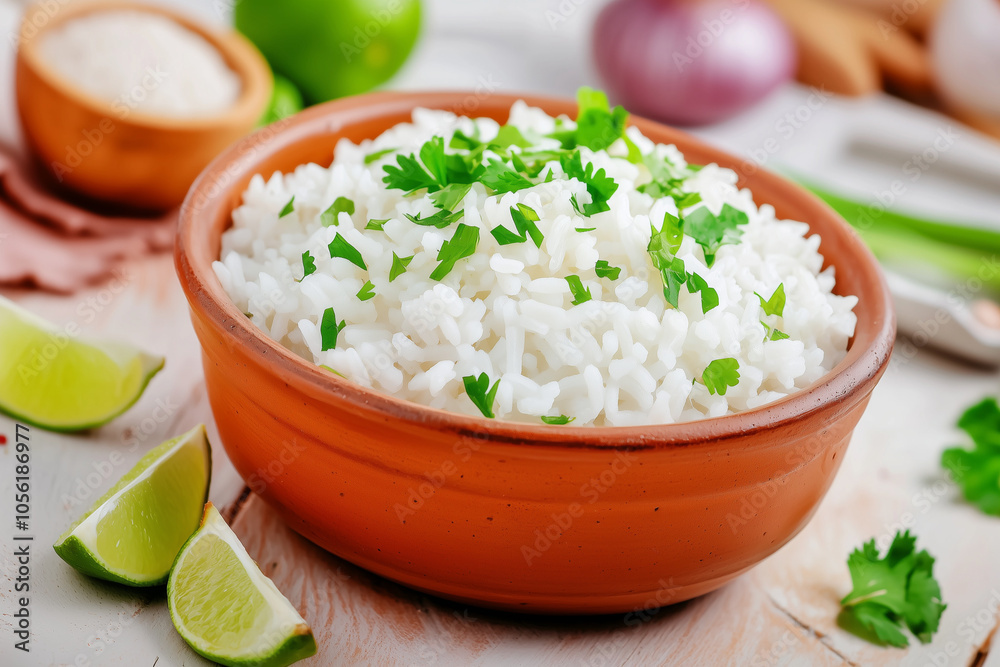 Sticker A rustic ceramic bowl filled with fluffy white rice garnished with vibrant green chopped parsley sits on a light-colored wooden surface.