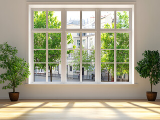 A large window in a modern living room offers a view of a city street and lush green trees. Sunlight streams in through the window, illuminating the wooden floor.