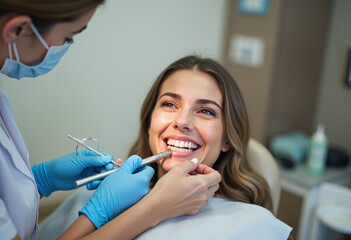 woman smiles getting teeth examined dentist office