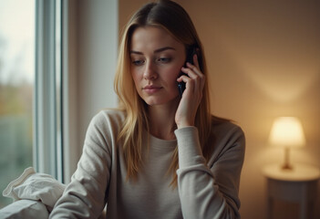woman turns alarm cell phone morning quietly