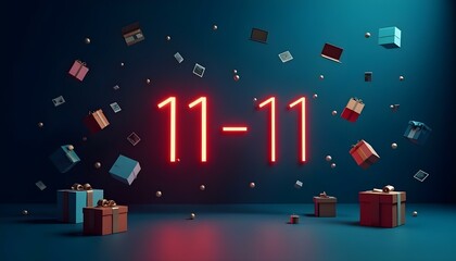 Red neon 11-11 sign with falling gift boxes on blue background