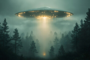Obraz premium Alien spacecraft landing in a foggy forest, with lights piercing through the trees and an otherworldly glow in the sky, UFO