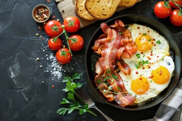 Fried eggs bacon cherry tomatoes and bread on dark table top view