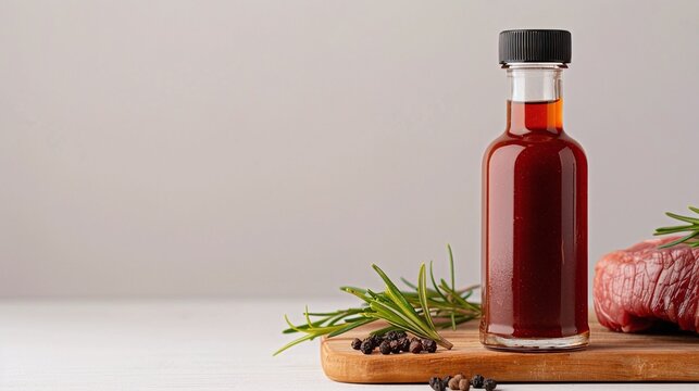 Glass bottle of dark marinade sauce, fresh rosemary sprigs, black peppercorns on wooden board, steak preparation concept, neutral gray background, minimalistic food photography


