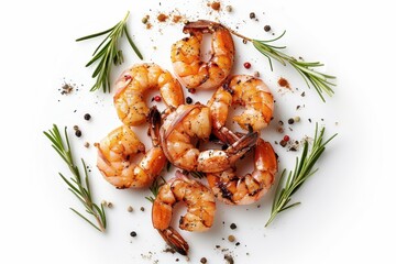 Grilled prawns with garlic rosemary and spices on white background top view