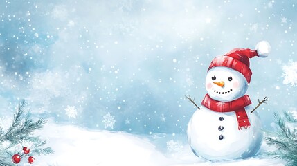 Fototapeta premium A snowman in a red hat and scarf in a snowy scene with snowflakes.
