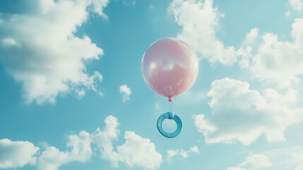  the realistic image of a baby pacifier being carried by a balloon. 