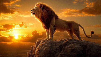Majestic lion perched on a rock in the savanna, savoring a stunning sunset, an emblem of the wild and strength