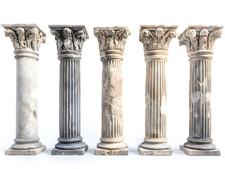 Five stone columns with ornate capitals stand in a row against a white background.