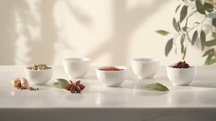 Fototapeta premium White counter adorned with white bowls containing diverse spice assortment