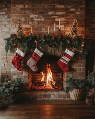 Rustic brick fireplace with a roaring fire, adorned with red and white stockings on the mantel. A green garland with pinecones and warm string lights creates a cozy holiday glow