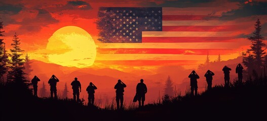 Fototapeta premium Silhouetted soldiers saluting at sunset in grassy landscape