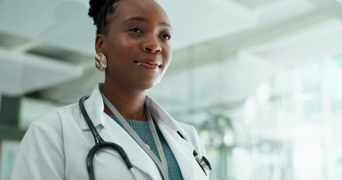 Black woman, tablet and doctor with thinking, web research and data check in hospital. Technology, clinic and medical professional with healthcare and online feedback with digital diagnosis review