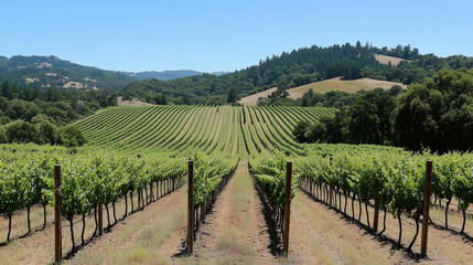 Fototapeta premium Beautiful countryside vineyard rows showcasing the scenic agricultural beauty of grape cultivation