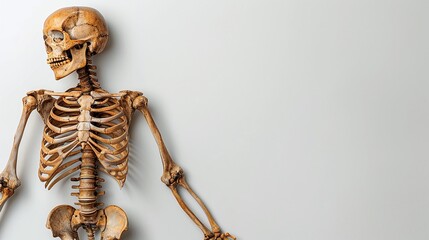 Fototapeta premium Rustic skeleton on a light background with eerie atmosphere. Spooky Halloween decor featuring creepy elements and haunted theme with copy space for text.