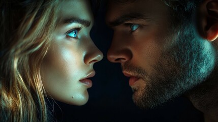 Obraz premium A man and woman gaze at each other through a wet window
