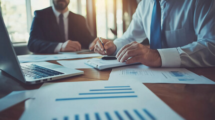 Business team analyzing financial charts and graphs showing company results and using laptop at meeting