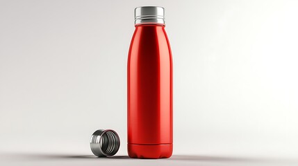 A red, shiny, cylindrical water bottle.