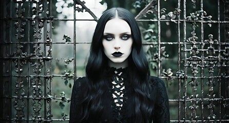 young gothic woman long black hair white face make up wearing a black dress standing in front of a old metal fence 