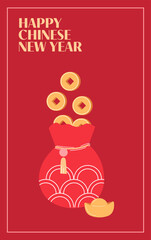 Lunar New Year postcard. Yuan Coins in the red money bag. Symbol of wealth and prosperity. Chinese coin with a square hole and Yuanbao.