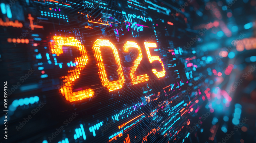 Poster A vibrant display of the year 2025 with bright neon lights against a backdrop of glowing digital patterns and circuits