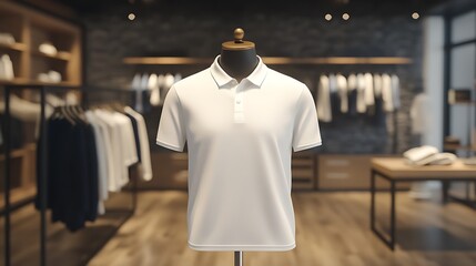 A white polo shirt on a mannequin in a clothing store.