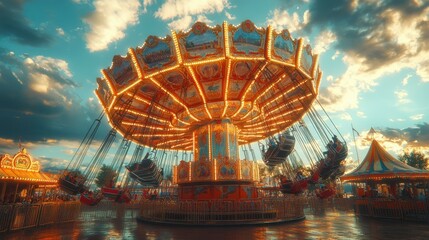 A colorful merry go round at an amusement park during sunset hours