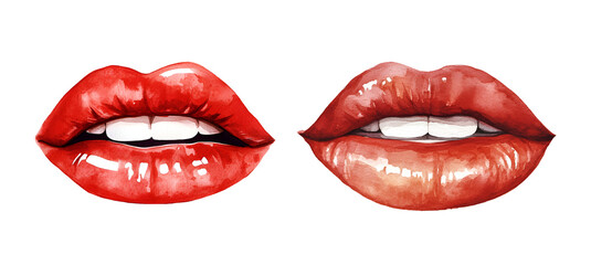 Obraz premium Lips painted with red lipstick, watercolor clipart illustration with isolated background.