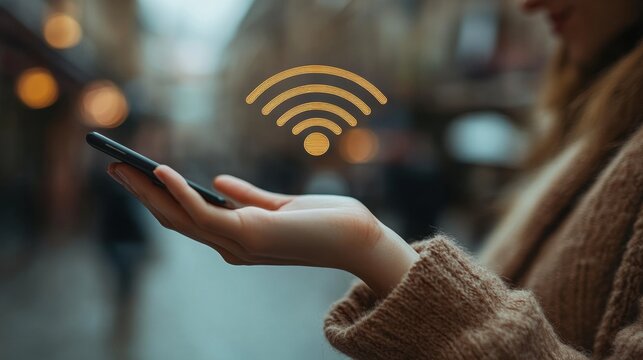 Woman holding smartphone with Wi-Fi symbol floating above, wireless technology, digital connection, mobile internet, modern communication, networking, smartphone usage, online access, tech 