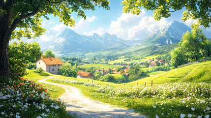 A scenic view of vibrant flowers surrounding a quaint cottage set against majestic mountains under a clear blue sky