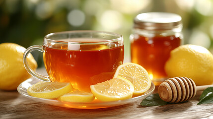 A cup of tea with lemon slices and honey on a wooden table, warm ambiance