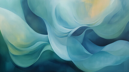 Soothing and elegant composition featuring abstract fluid shapes and flowing lines with blue and green tone gradients