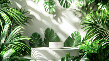 A serene setup features vibrant green leaves encircling a simple planter on a pedestal, illuminated by gentle sunlight