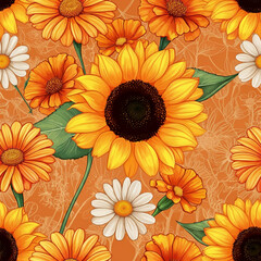 Obraz premium sunflower and daisy seamless pattern retro sunflowers and daisies repeatable background abstract texture tile