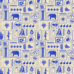 Stoffe zum Nähen Retro hand drawn tropical summer seamless pattern. Traditional patchwork style background illustration. Vintage exotic nature textile print, jungle animal texture with elephant, flower, palm tree.