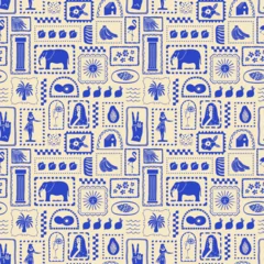 Retro hand drawn tropical summer seamless pattern. Traditional patchwork style background illustration. Vintage exotic nature textile print, jungle animal texture with elephant, flower, palm tree.