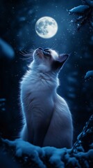 Siamese cat portrait under full moonlight in a snowy forest with detailed fur texture at night