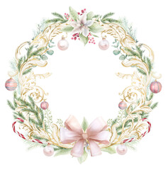 Gold foil Christmas frame png, watercolor border, winter wonderland arrangement